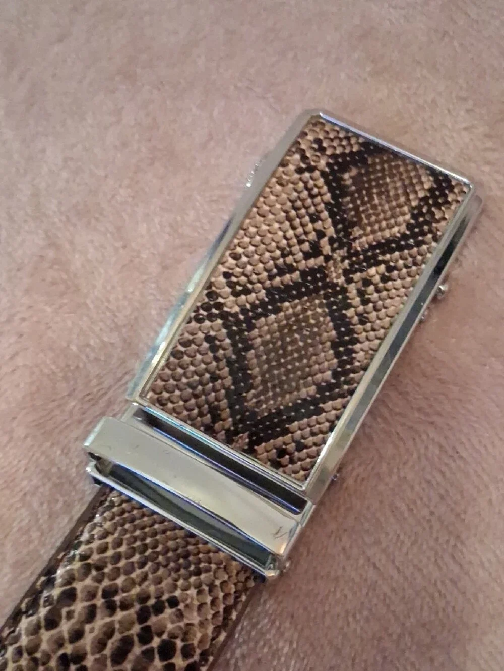 Snake-Print Leather Dress Belt in Brown